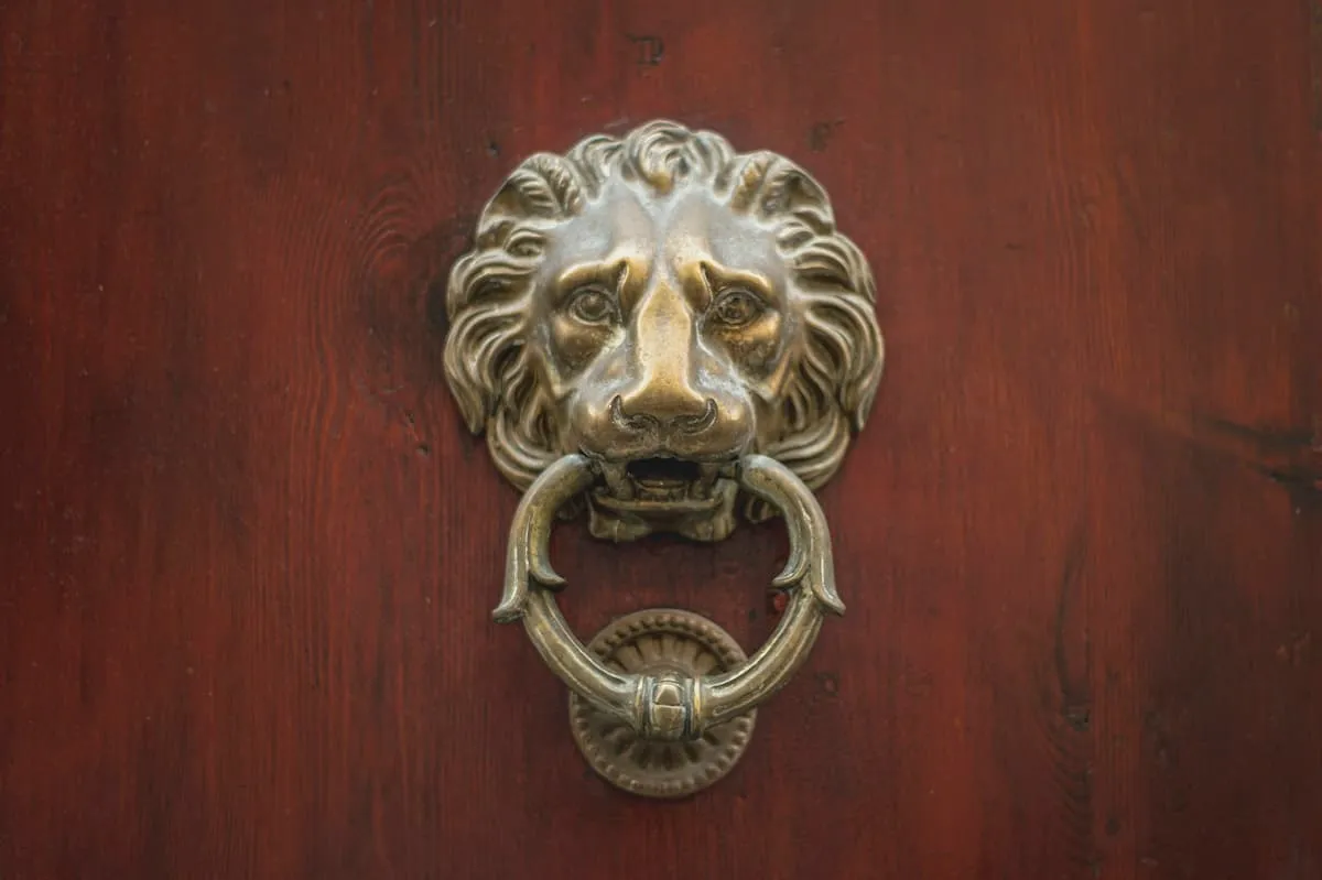 Brass lion head door knocker on a period timber front door